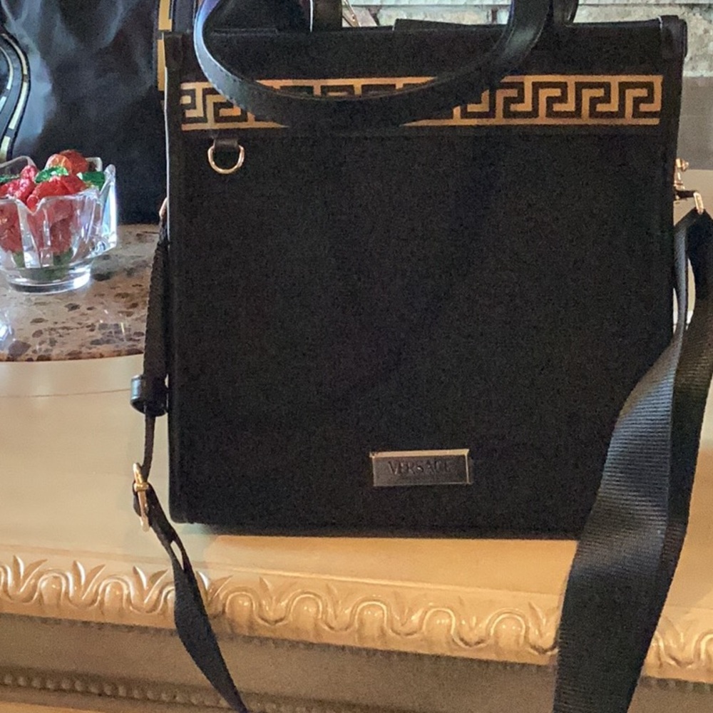 Versace Canvas tote Black w/Gold snap closure inside zipper pocket and 2 open